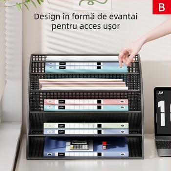 Raft de depozitare pentru birou cu compartimente pentru dosare, cutie de fișiere și suport pentru cărți