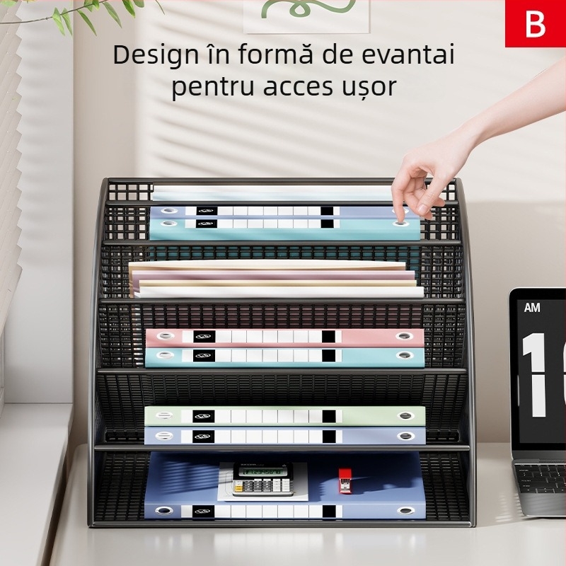 Raft de depozitare pentru birou cu compartimente pentru dosare, cutie de fișiere și suport pentru cărți