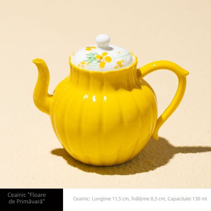 Ceainic ceramic pictat manual cu flori de rapiță, subglazură color, filtrul sferă, set Kung Fu ceai