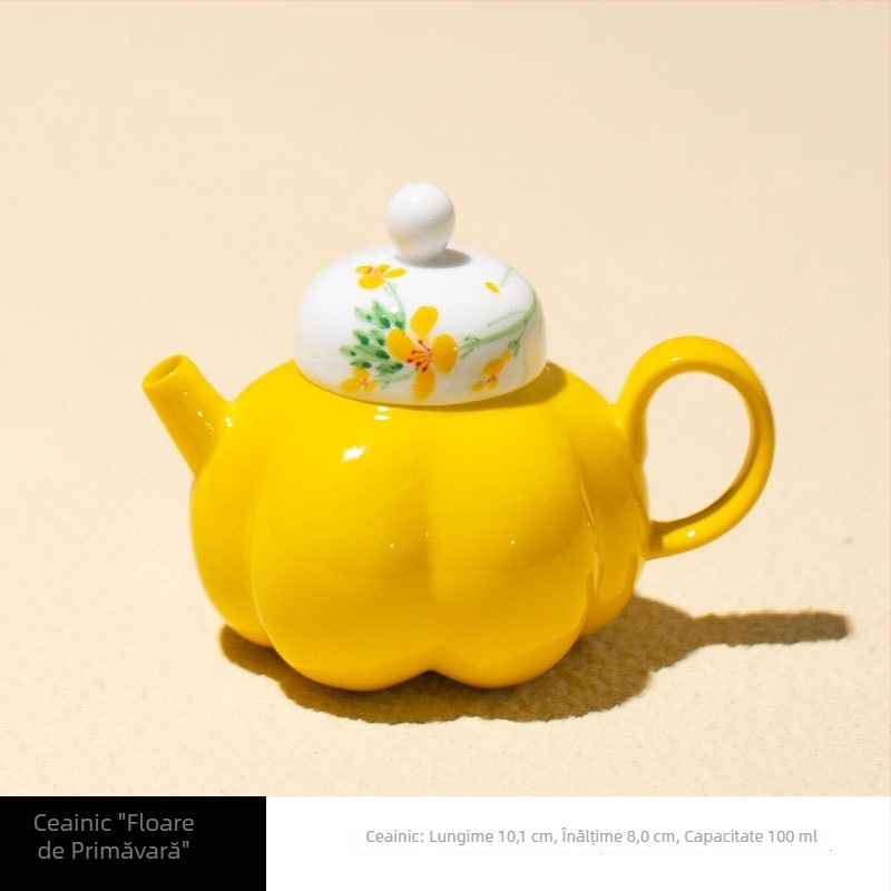 Ceainic ceramic pictat manual cu flori de rapiță, subglazură color, filtrul sferă, set Kung Fu ceai