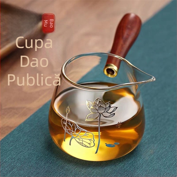 Set de ceai din sticlă borosilicat transparentă, cu mâner din lemn pe lateral, cană de distribuție a ceaiului, motif: floare de prun, orhidee, bambus, crizantemă și lotus