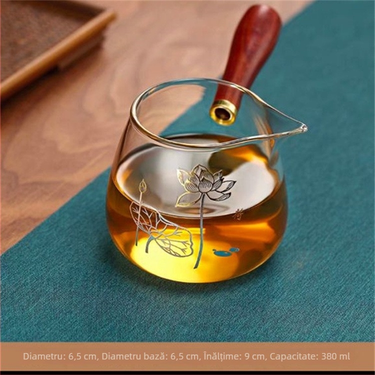 Set de ceai din sticlă borosilicat transparentă, cu mâner din lemn pe lateral, cană de distribuție a ceaiului, motif: floare de prun, orhidee, bambus, crizantemă și lotus