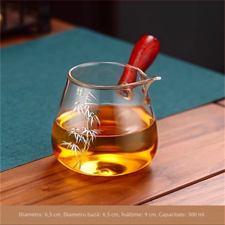 Set de ceai din sticlă borosilicat transparentă, cu mâner din lemn pe lateral, cană de distribuție a ceaiului, motif: floare de prun, orhidee, bambus, crizantemă și lotus