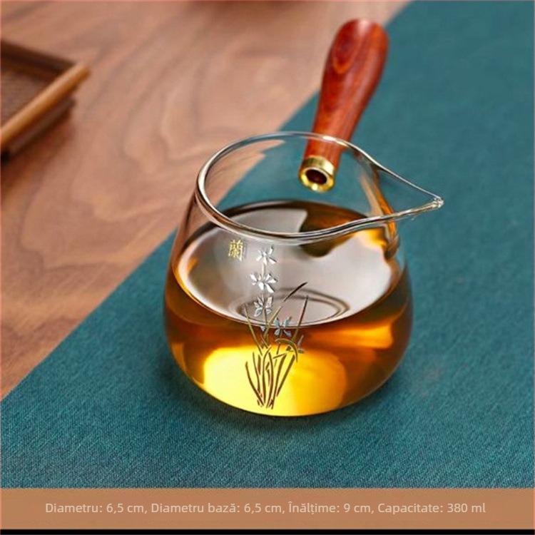 Set de ceai din sticlă borosilicat transparentă, cu mâner din lemn pe lateral, cană de distribuție a ceaiului, motif: floare de prun, orhidee, bambus, crizantemă și lotus