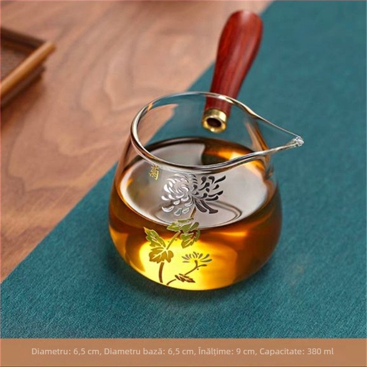 Set de ceai din sticlă borosilicat transparentă, cu mâner din lemn pe lateral, cană de distribuție a ceaiului, motif: floare de prun, orhidee, bambus, crizantemă și lotus