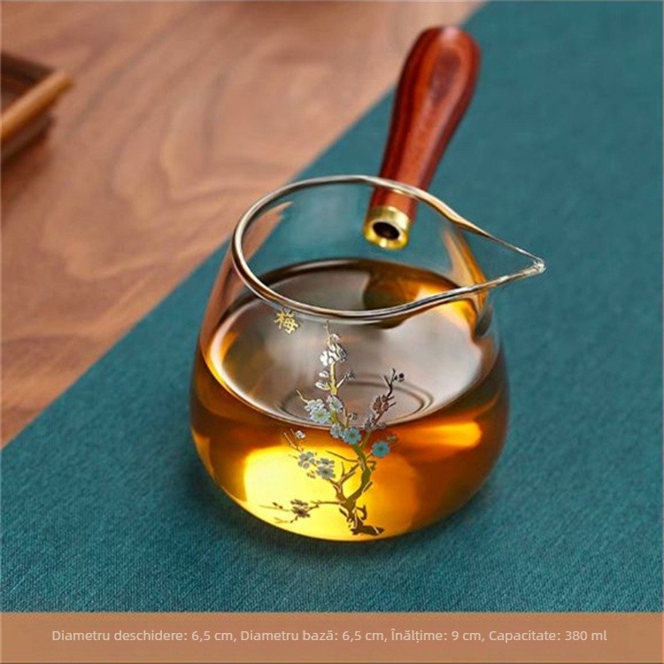 Set de ceai din sticlă borosilicat transparentă, cu mâner din lemn pe lateral, cană de distribuție a ceaiului, motif: floare de prun, orhidee, bambus, crizantemă și lotus