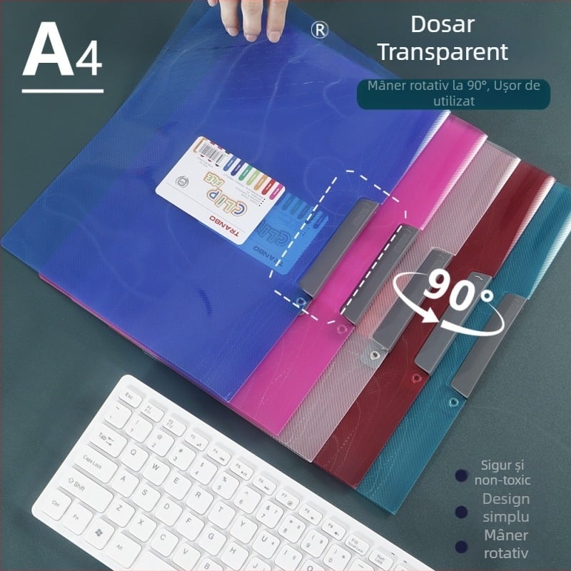 Dosar de documente cu închidere laterală și mecanism rotativ, format A4, capacitate mare pentru lucrări ale elevilor