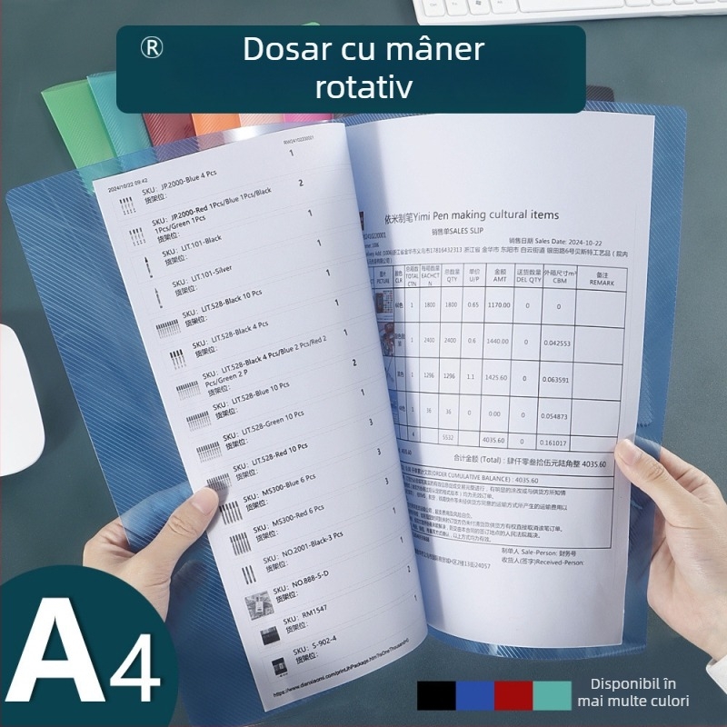 Dosar de documente cu închidere laterală și mecanism rotativ, format A4, capacitate mare pentru lucrări ale elevilor