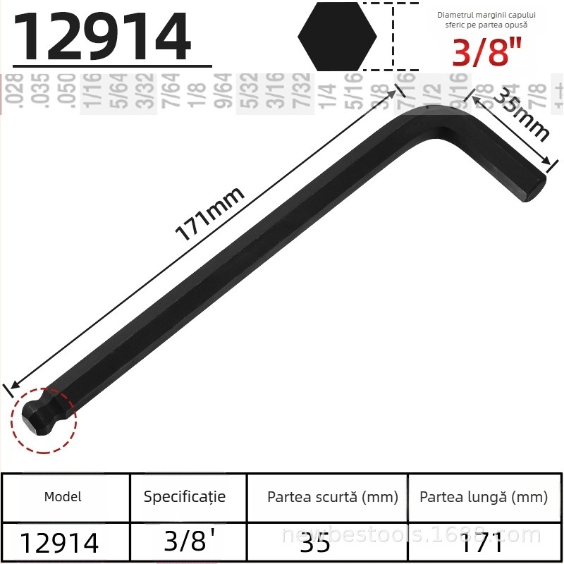 Cheie Allen cu cap sferic, hex intern, formată în L, dură, finisaj negru, dimensiuni 1/16, 1/8 și 1/2 inch