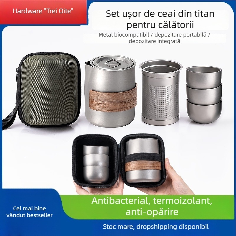 Set de ceai portabil din aliaj de titan, cu ceainic și căni cu pereți dubli, pentru camping în aer liber