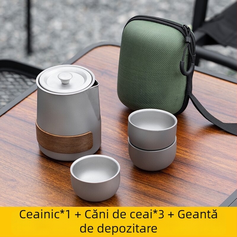 Set de ceai portabil din aliaj de titan, cu ceainic și căni cu pereți dubli, pentru camping în aer liber