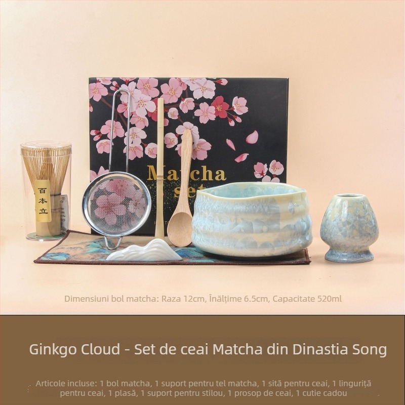 Ceașcă japoneză pentru matcha cu gură — glazură cristalină, set de matcha copt în cuptor, cu tel și linguriță de măsurare