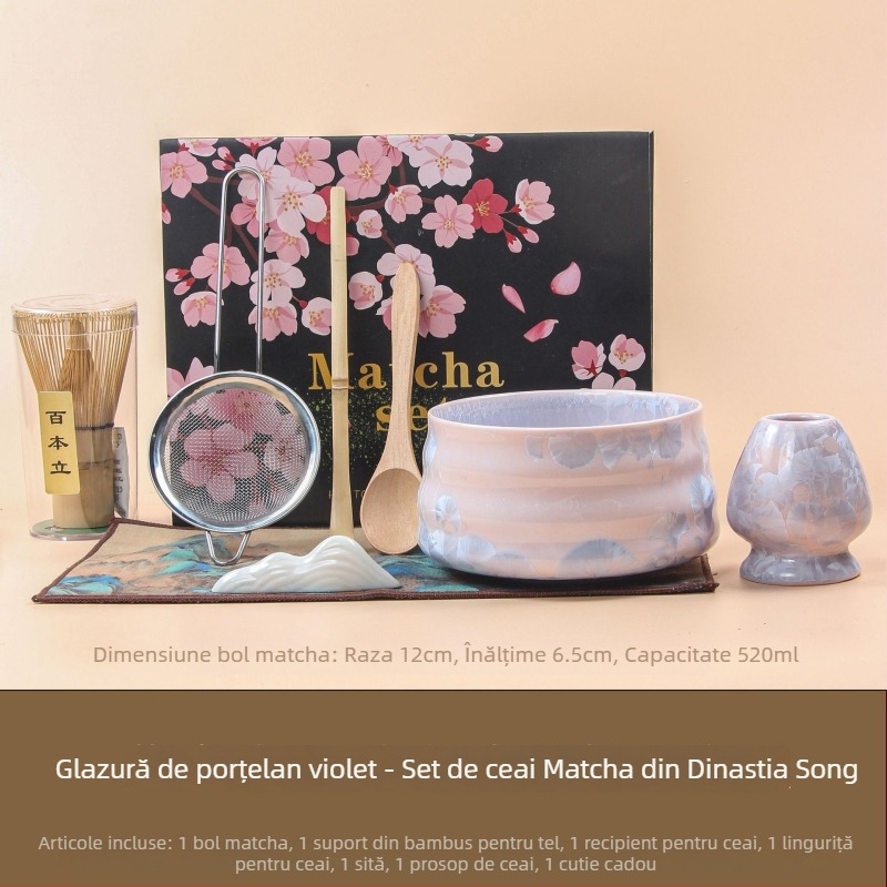 Ceașcă japoneză pentru matcha cu gură — glazură cristalină, set de matcha copt în cuptor, cu tel și linguriță de măsurare