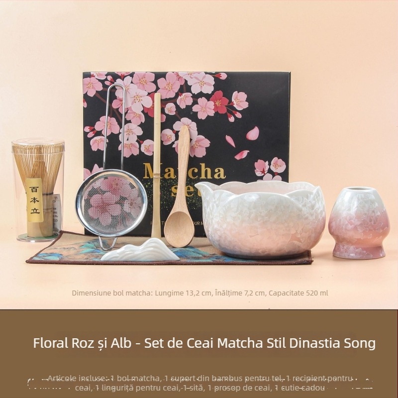 Ceașcă japoneză pentru matcha cu gură — glazură cristalină, set de matcha copt în cuptor, cu tel și linguriță de măsurare