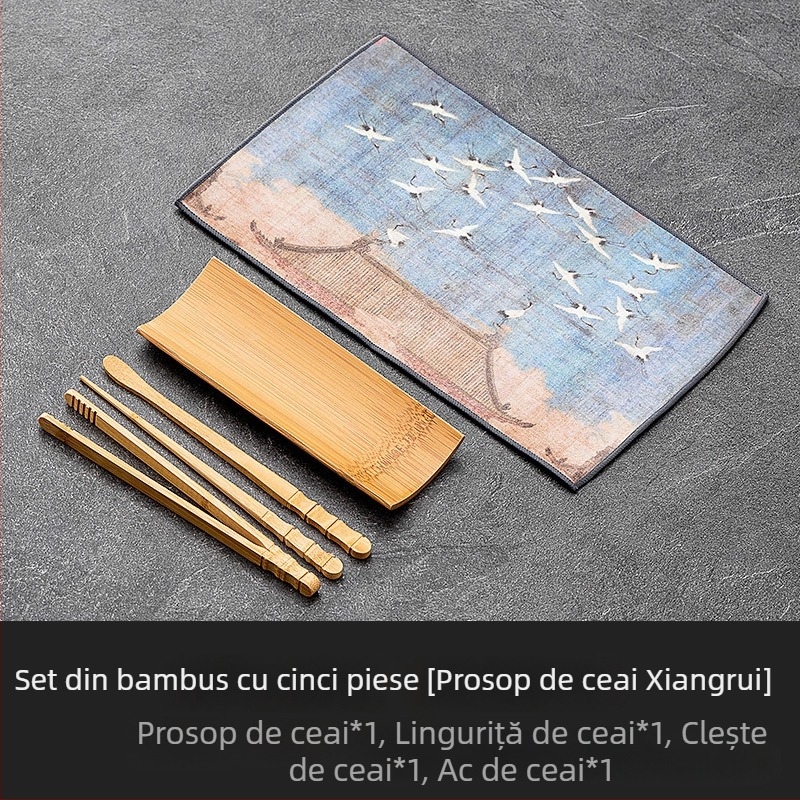 Set de ceremonie din bambus pentru ceai, trei piese: ac pentru ceai, lingură pentru ceai și instrument pentru ceai; suport lotus lucrat manual și prosoape absorbante pentru ceai
