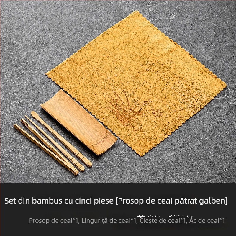 Set de ceremonie din bambus pentru ceai, trei piese: ac pentru ceai, lingură pentru ceai și instrument pentru ceai; suport lotus lucrat manual și prosoape absorbante pentru ceai