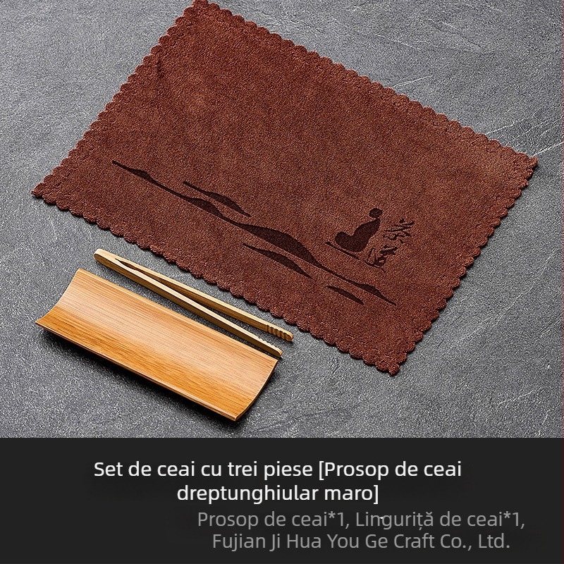Set de ceremonie din bambus pentru ceai, trei piese: ac pentru ceai, lingură pentru ceai și instrument pentru ceai; suport lotus lucrat manual și prosoape absorbante pentru ceai