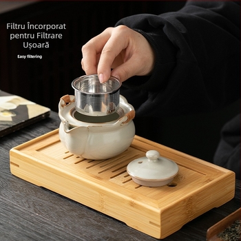 Bej porțelan, set mare de ceai cu mâner pentru ceremonie tradițională; ceramică unică; nu este fierbinte la atingere; pentru uz casnic; include ceainic și ceșuță.
