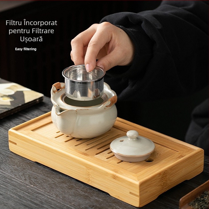 Bej porțelan, set mare de ceai cu mâner pentru ceremonie tradițională; ceramică unică; nu este fierbinte la atingere; pentru uz casnic; include ceainic și ceșuță.
