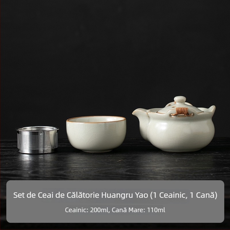 Bej porțelan, set mare de ceai cu mâner pentru ceremonie tradițională; ceramică unică; nu este fierbinte la atingere; pentru uz casnic; include ceainic și ceșuță.