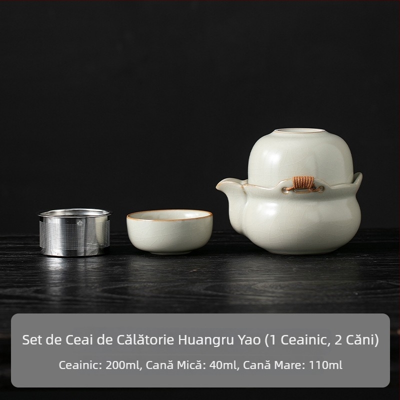 Bej porțelan, set mare de ceai cu mâner pentru ceremonie tradițională; ceramică unică; nu este fierbinte la atingere; pentru uz casnic; include ceainic și ceșuță.