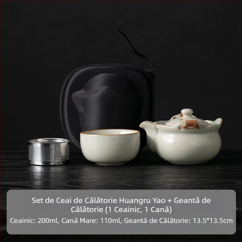 Bej porțelan, set mare de ceai cu mâner pentru ceremonie tradițională; ceramică unică; nu este fierbinte la atingere; pentru uz casnic; include ceainic și ceșuță.