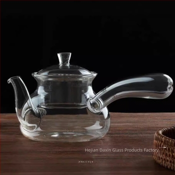 Ceainic din sticlă cu mâner lateral, borosilikat rezistent la temperaturi înalte, realizat manual, pentru fierberea apei