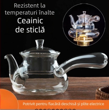 Ceainic din sticlă cu mâner lateral, borosilikat rezistent la temperaturi înalte, realizat manual, pentru fierberea apei