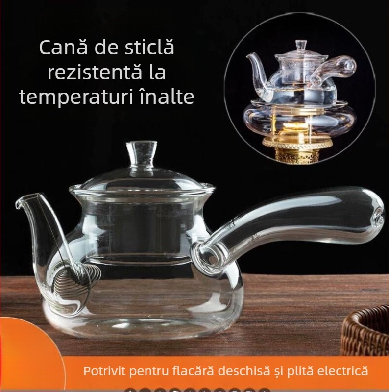 Ceainic din sticlă cu mâner lateral, borosilikat rezistent la temperaturi înalte, realizat manual, pentru fierberea apei