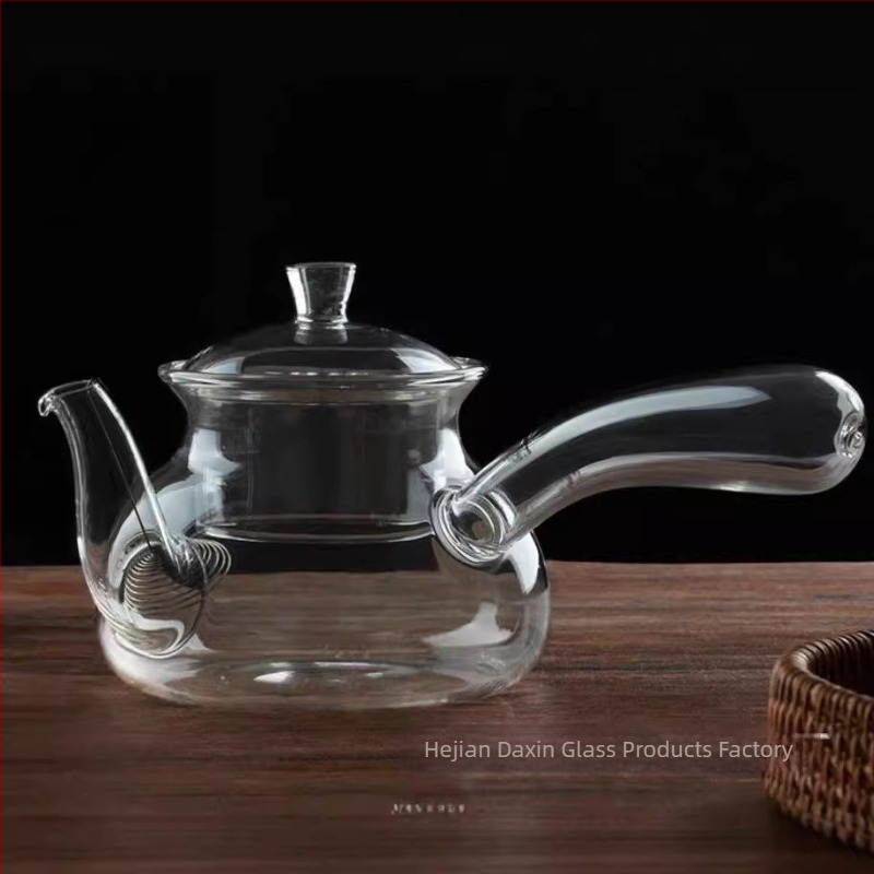 Ceainic din sticlă cu mâner lateral, borosilikat rezistent la temperaturi înalte, realizat manual, pentru fierberea apei