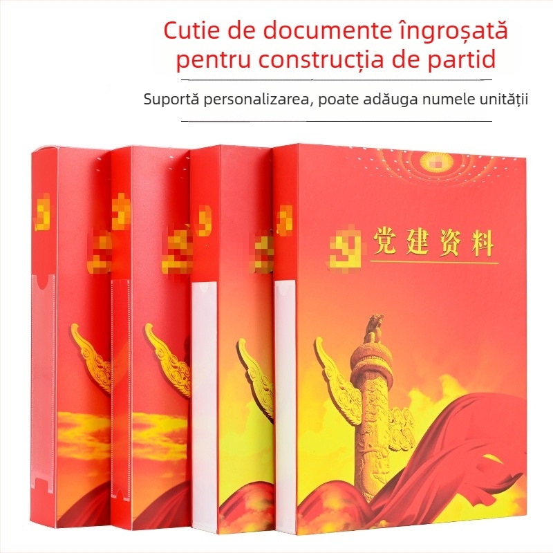 Cutie roșie de dosare, groasă, pentru organizarea partidului, cutie din plastic cu bază de carton și ștanțare cu folie aurie