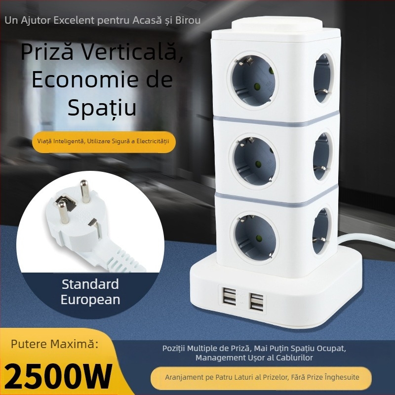 Priză inteligentă de tip turn, cu standard european, pentru birou de acasă, compatibilă cu prize germane, franceze și ruse.