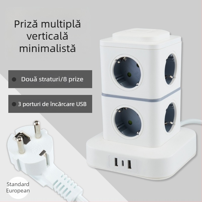 Priză inteligentă de tip turn, cu standard european, pentru birou de acasă, compatibilă cu prize germane, franceze și ruse.