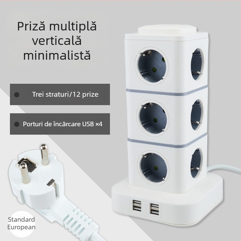 Priză inteligentă de tip turn, cu standard european, pentru birou de acasă, compatibilă cu prize germane, franceze și ruse.