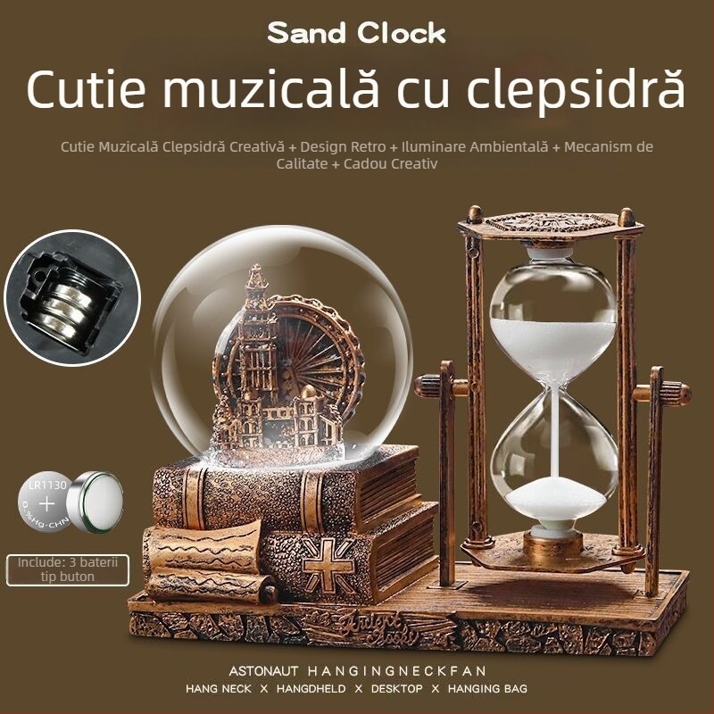Turn retro din fier cu clepsidră și sferă de cristal, stil european, cutie muzicală, decor de birou iluminat, cadou comemorativ de absolvire