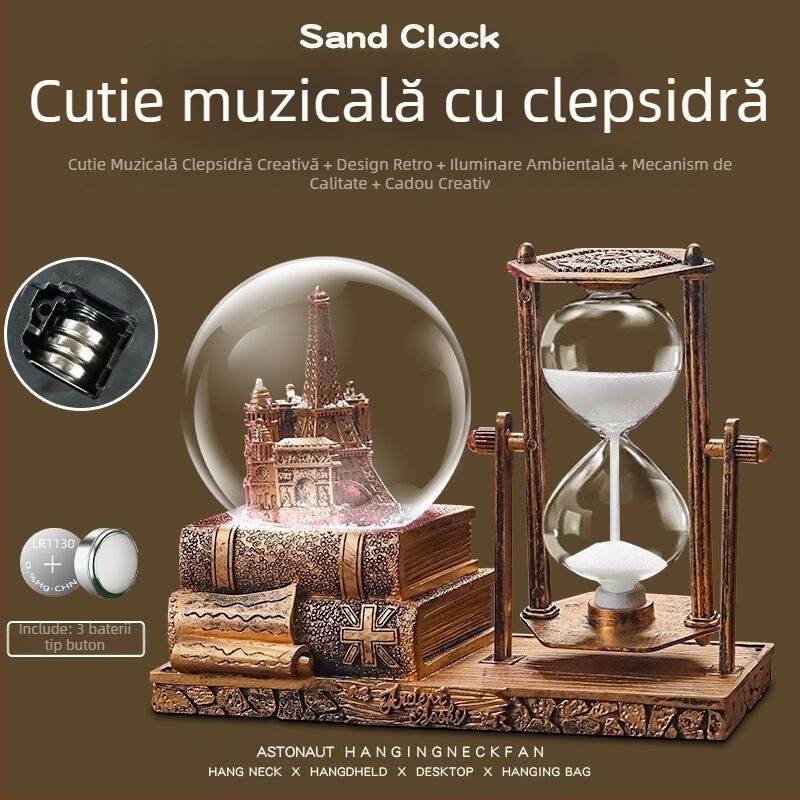 Turn retro din fier cu clepsidră și sferă de cristal, stil european, cutie muzicală, decor de birou iluminat, cadou comemorativ de absolvire
