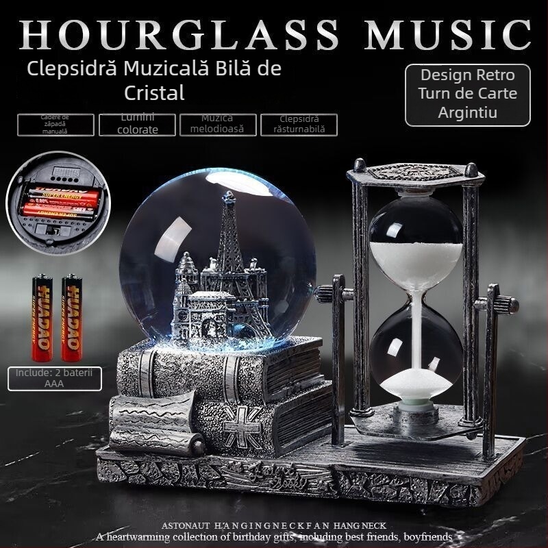 Turn retro din fier cu clepsidră și sferă de cristal, stil european, cutie muzicală, decor de birou iluminat, cadou comemorativ de absolvire