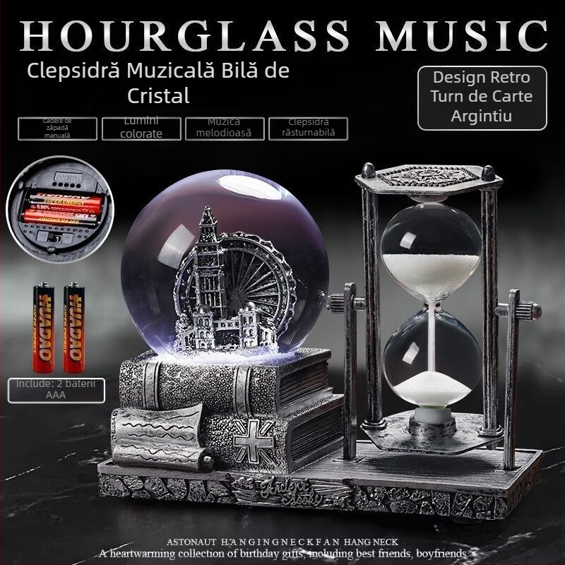Turn retro din fier cu clepsidră și sferă de cristal, stil european, cutie muzicală, decor de birou iluminat, cadou comemorativ de absolvire