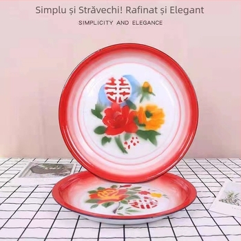 Tavă de ceai emailată cu motiv de dublă fericire, stil retro