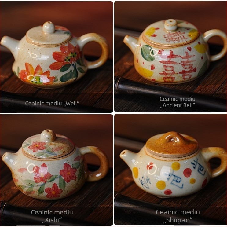 Ceainic în formă de pește-puffer și ceainic în formă de pepene, set mini ceramic pentru ceai, pictură manuală