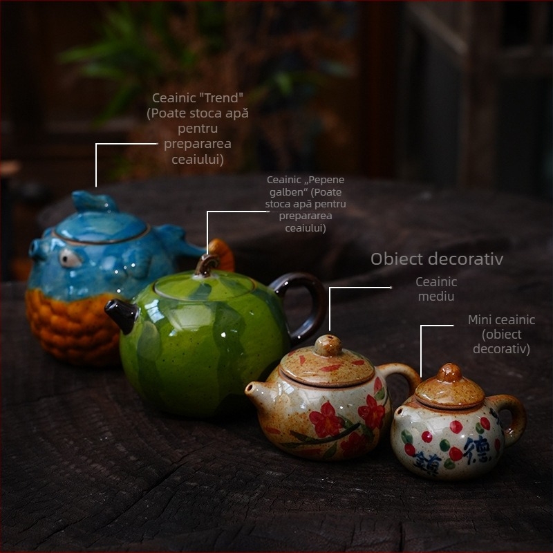 Ceainic în formă de pește-puffer și ceainic în formă de pepene, set mini ceramic pentru ceai, pictură manuală