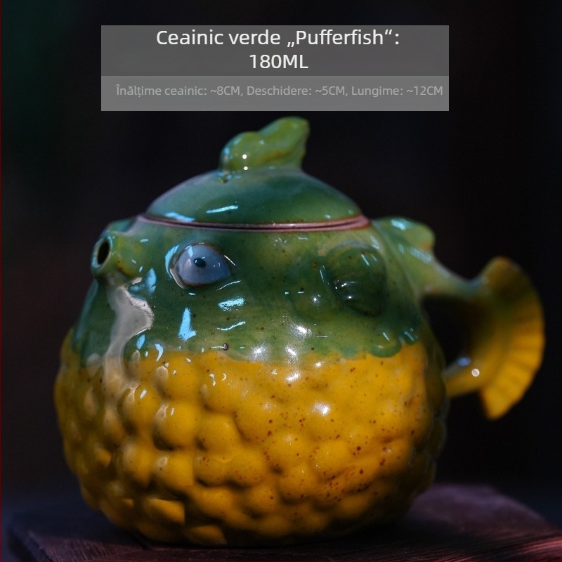 Ceainic în formă de pește-puffer și ceainic în formă de pepene, set mini ceramic pentru ceai, pictură manuală