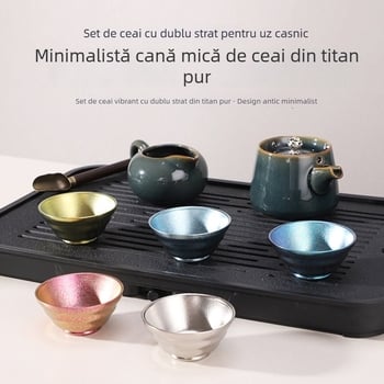 Ceașă de ceai din titan pur, stil chinezesc minimalist, set cu pereți dubli pentru uz casnic și camping, potrivită pentru prepararea ceaiului fie solo, fie în grup