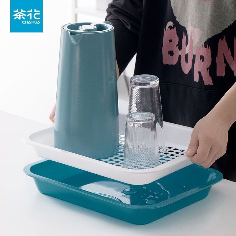 CHAHUA Tavă de ceai din plastic, pătrată, pentru bucătărie, tavă de drenaj pentru ceai și spațiu de depozitare pentru cești, ceai de fructe