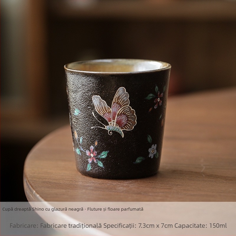 ceașcă de ceai ceramică cu glazură neagră Shino, design cu fluture argintiu, porțelan lucrat manual, stil vintage
