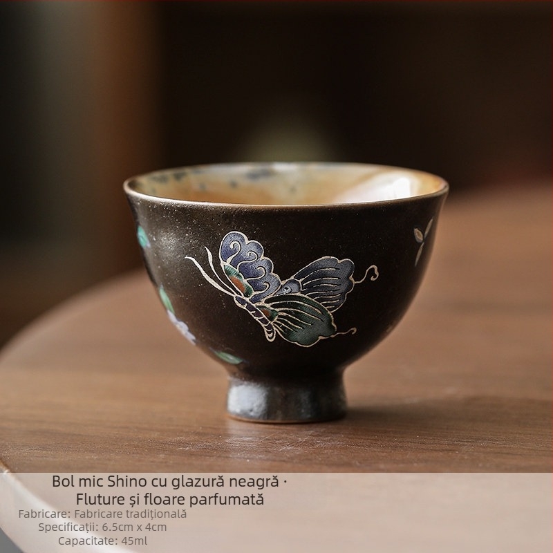 ceașcă de ceai ceramică cu glazură neagră Shino, design cu fluture argintiu, porțelan lucrat manual, stil vintage