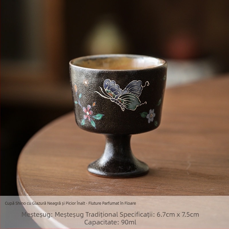 ceașcă de ceai ceramică cu glazură neagră Shino, design cu fluture argintiu, porțelan lucrat manual, stil vintage