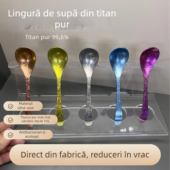 Lingură din titan pur, cu finisaj cristalin și motiv Ice Flower colorat - potrivită pentru cafea, ceai, amestecare, hrănire a bebelușilor și condimente