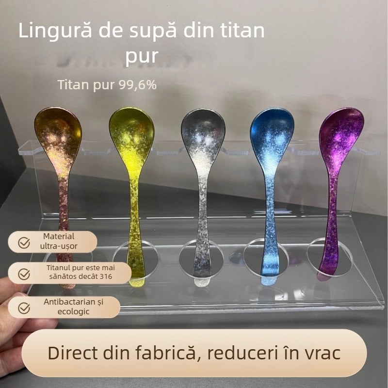 Lingură din titan pur, cu finisaj cristalin și motiv Ice Flower colorat - potrivită pentru cafea, ceai, amestecare, hrănire a bebelușilor și condimente
