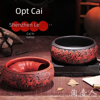 Set Gongfu de ceai din lut Yixing purpuriu, motiv bicolor cu opt cai, 6 inch, stil antic; include ceainic, ceașcă și vas de clătire a ceaiului